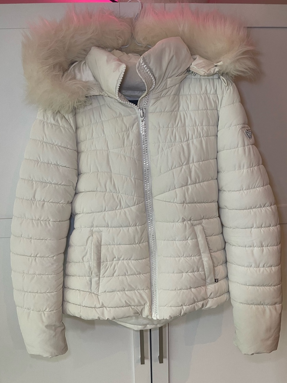 GUESS Sparkly Puffer Jacket with Faux Fur Trim